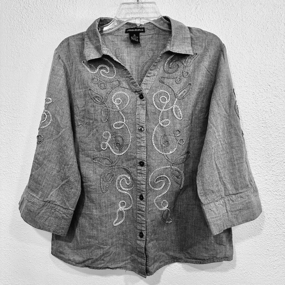 Lauren Michelle Western Shirt Gray Button Front Metallic Embroidered Women Sz XL